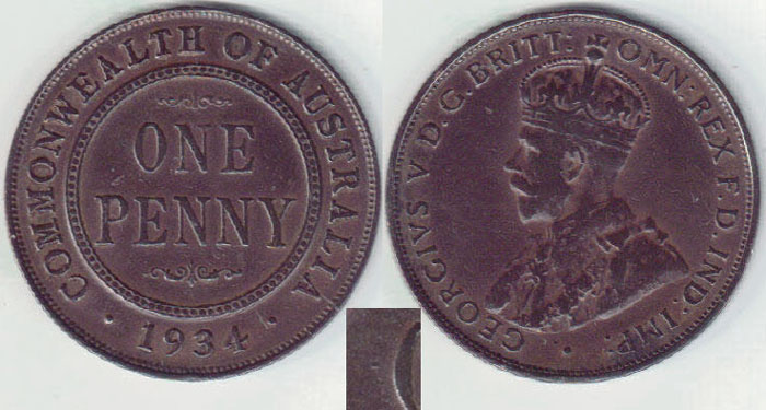 1934 Australia Penny (dot before 'O') A001253